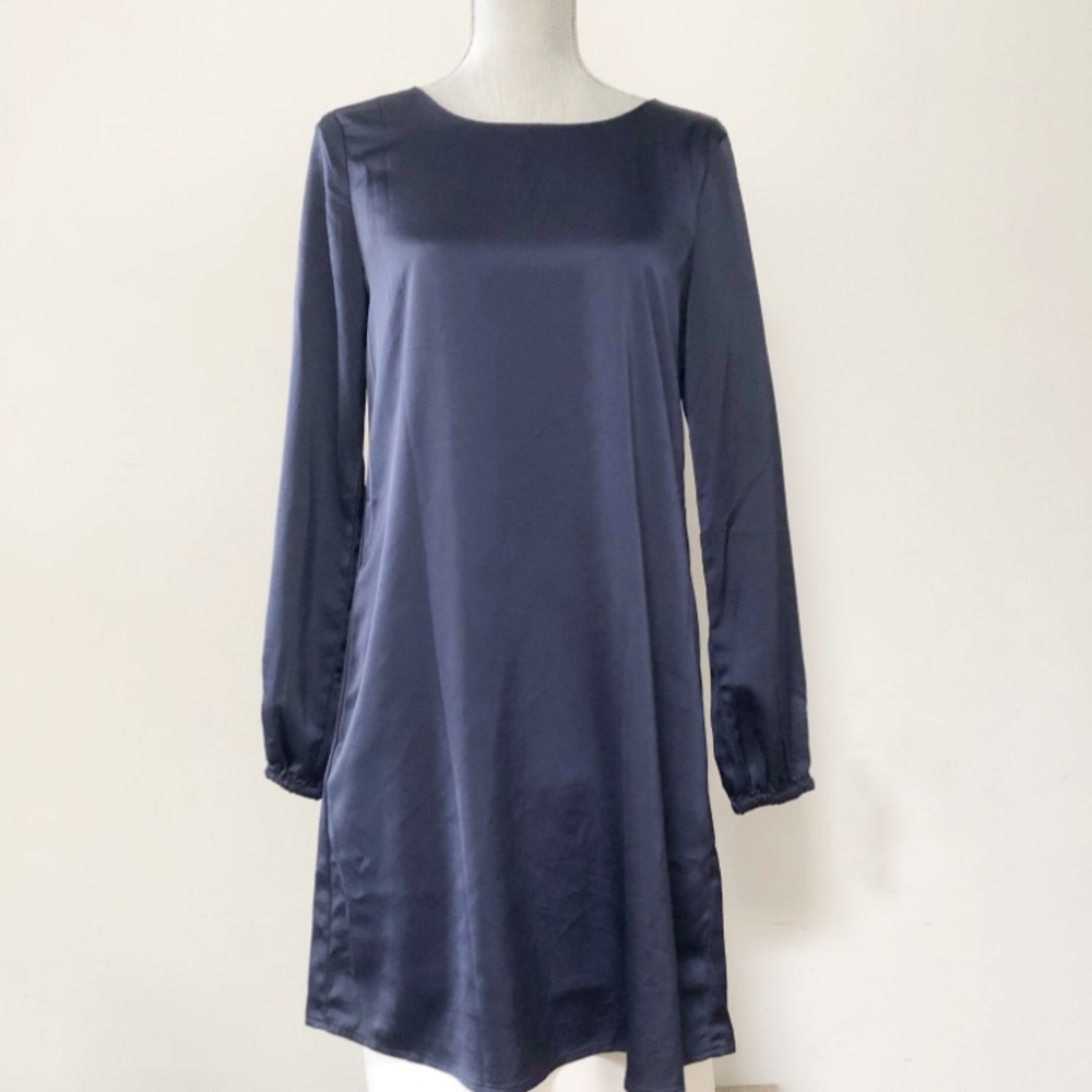 RW and Co navy blue satin dress long sleeve open back a line short